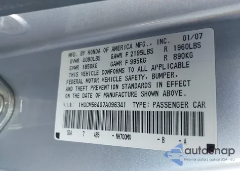 2007 Honda Accord 2.4 Lx from USA, damaged, VIN 1HGCM56407A096341